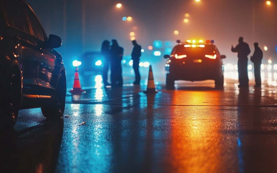A police checkpoint at night with officers checking for drunk drivers.